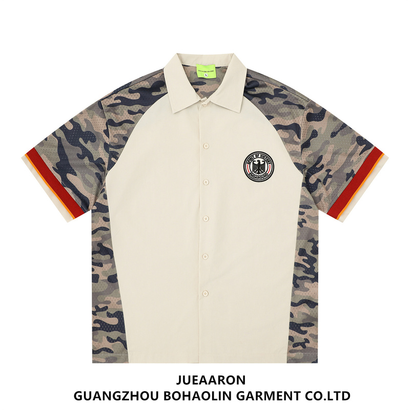 Jueaaron American Retro Patchwork Camouflage Short-Sleeve Shirt for Men and Women, Loose-Fitting Couple's Half-Sleeve Shirt, Trendy Brand