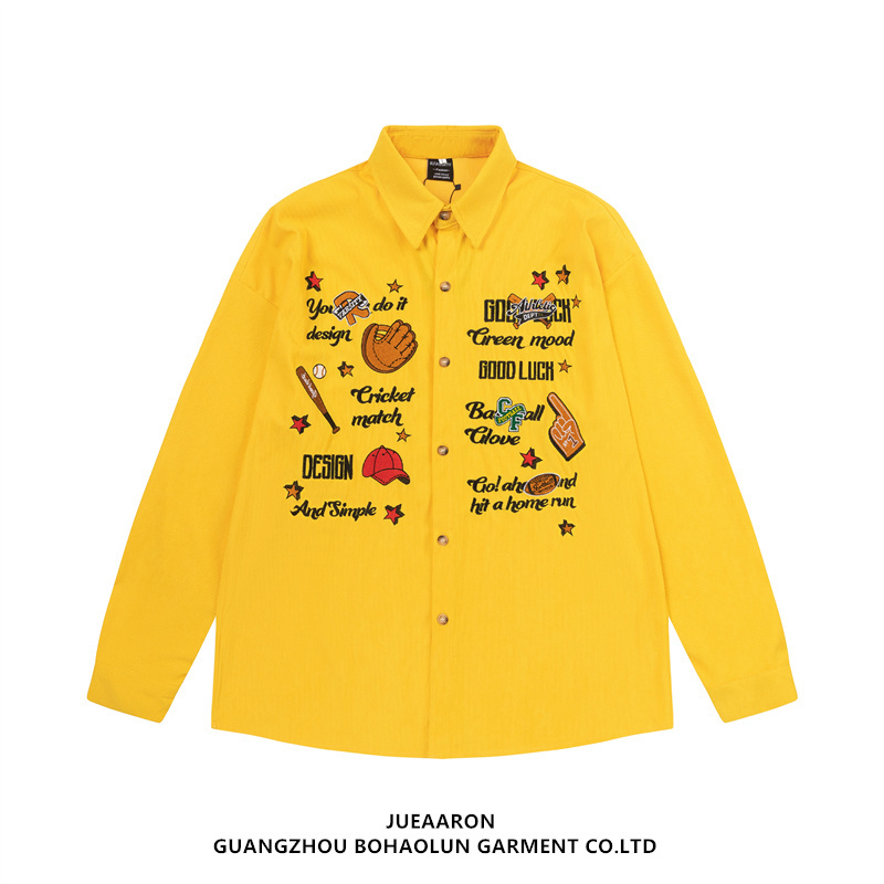 Jueaaron Spring & Fall Corduroy Embroidered Lapel Long-Sleeved Shirts for Men and Women Loose Trendy Brand Lazy Pink Couple Shirts