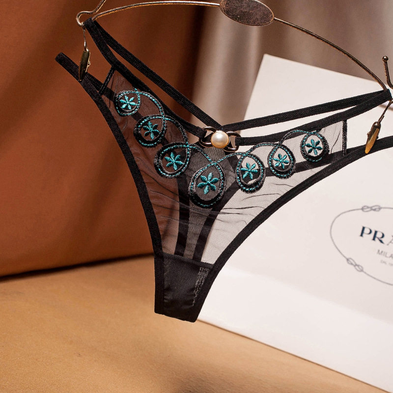 European and American Sexy T-shirt Feminine Mesh Yarn Embroidery Transparent Temptation Cross Low Waist Fire Horseradish a line t underwear 2240