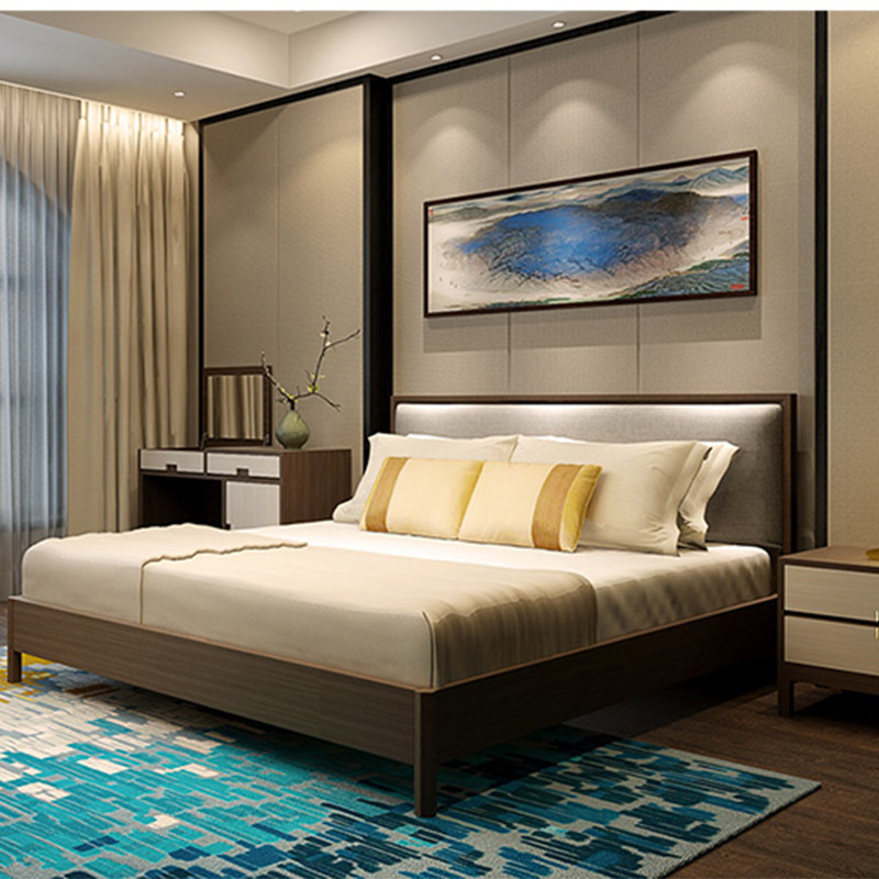 New Chinese solid wood double bed minimalist modern 1 5 m 1 8 m bed-like board room hotel Waterloo furniture custom-made