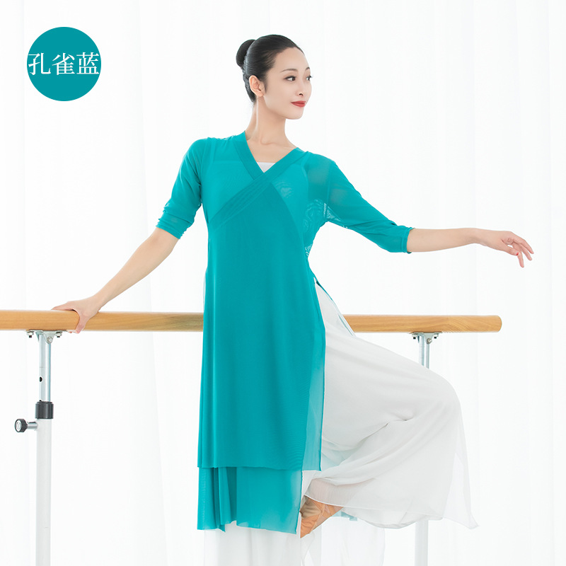 Stretch Chinese classical dance cheongsam mesh tops slim fit modern dance practice clothes body smocks yoga clothes