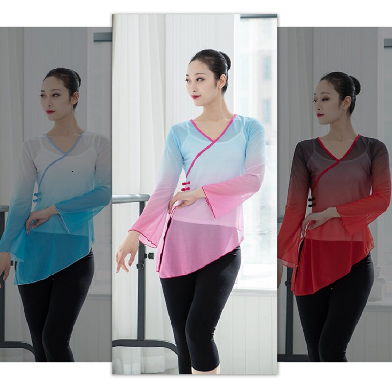 Classical dance dress Gradual Layer Mesh Yarn blouses Trumpeter Sleeves Color Art Kungfu Service Modern Dance Body Yoga Service Woman