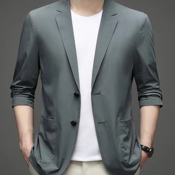 胖子薄款西服男士大码夏季休闲单西装冰丝弹力防晒外套加肥200斤