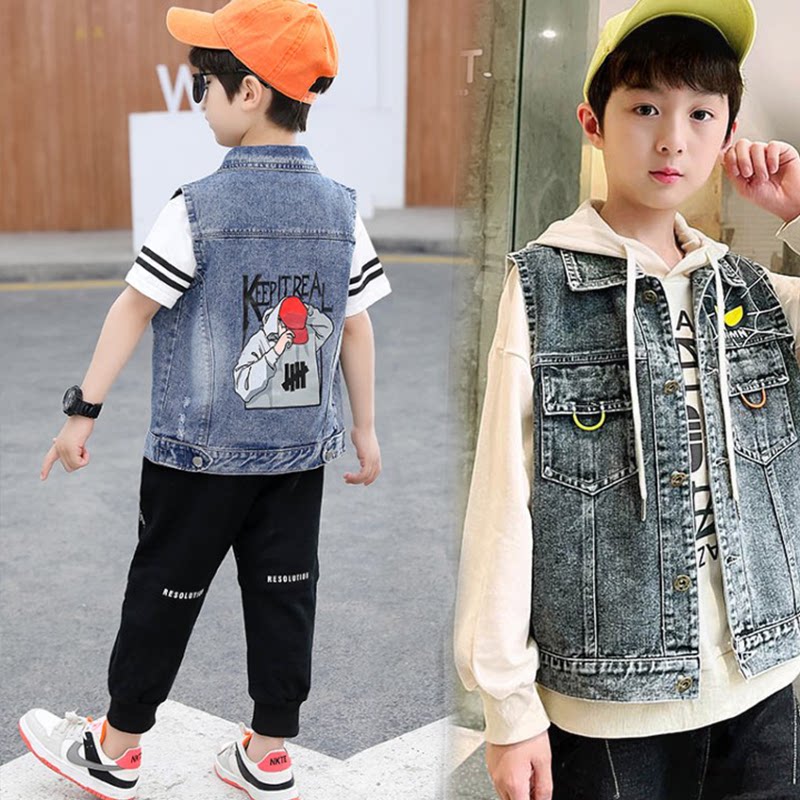 Denim vest boy spring and autumn in the big boy shoulder 2022 new children autumn wear horse sandwich foreign pie thin vest tide
