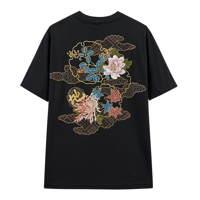 ONIARAI/鬼洗春夏新款泥棒蓝五福地之卷绣花短袖男士T恤N840207