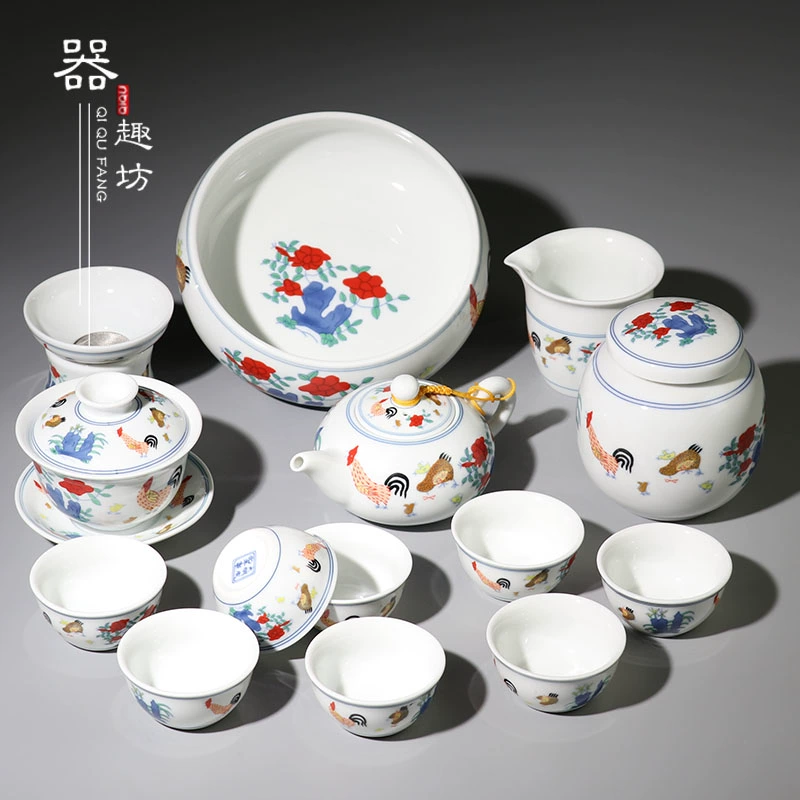 Jingdezhen Cổ sứ Chengminghua Dou Cai Gà Bát Cup Kung Fu Bộ trà Bộ hoàn chỉnh Bộ hộp quà tặng Bao bì - Trà sứ