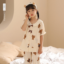 Childrens pajamas girls summer strips of cotton gauze cotton long sleeve girls princess middle child home wear set