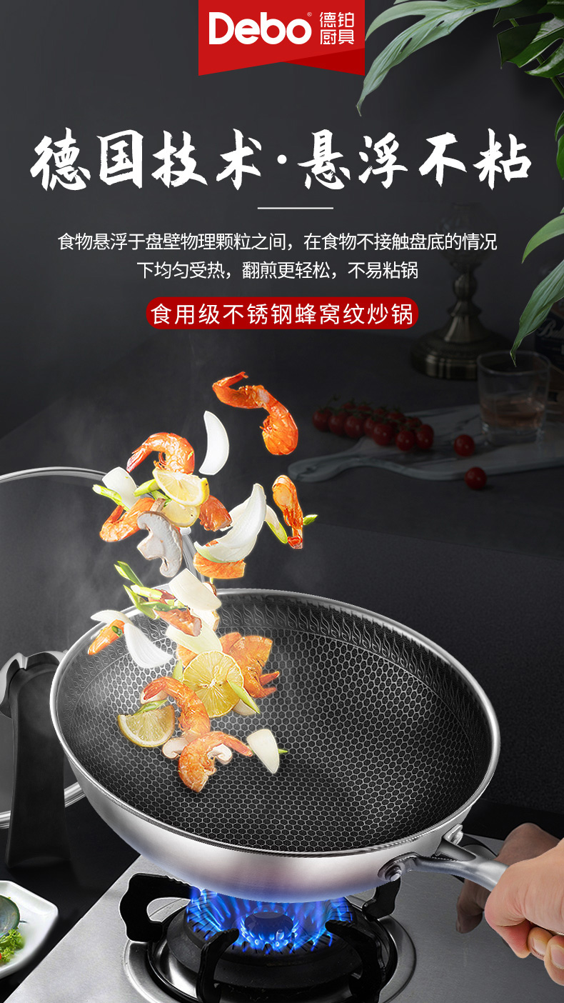 德国Debo 蜂窝无涂层不锈钢炒锅 图1