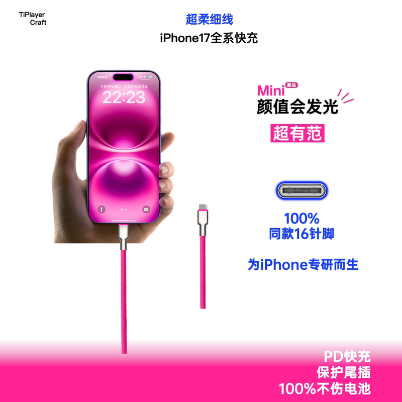 Dopamine Ultra-Niche High-End Appearance iPhone Charging Cable Suitable for iPhone Apple 1716Promax iPhone 15Promax Apple 1413 Pd Fast Charging Dual C-Port Titanium Fast Charging Cable