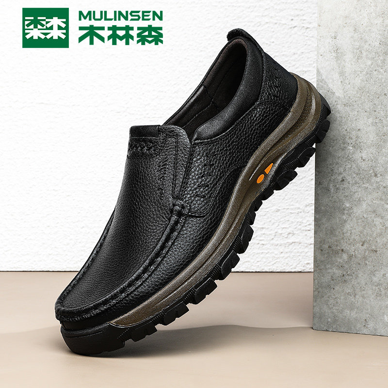 Wood Linson Men Shoes Spring New Genuine Leather Breathable Business Casual Leather Shoes Cow Leather Thick bottom middle-aged Dad shoes 100 lap