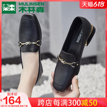 Wood Linson Women Shoes Casual Little Leather Shoes 2022 Spring Summer New Genuine Leather Square Head Light Mouth Coarse Heel Mother Lefu Shoes