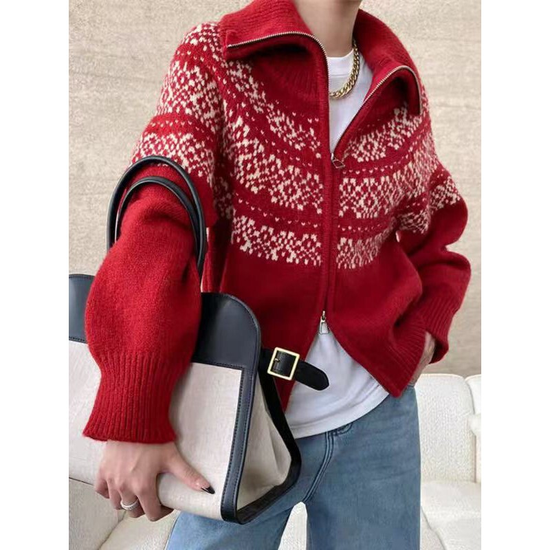 Red Wool Coat with Double Lapel and Zipper, Jacquard Cardigan for Women, Autumn and Winter Christmas Knitwear