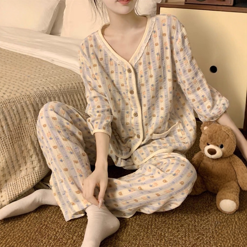 Cute Cartoon Bear Patchwork Double-Layer Cotton Gauze Pajamas for Women, Spring and Autumn, Three-Quarter Sleeves, Loose-Fitting Loungewear Set