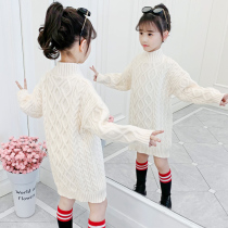  8 girls  autumn and winter twist mid-length white sweater 2021 new 9 middle and large childrens western style childrens bottoming shirt 10 years old