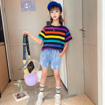Girl Clothes Summer Shorts Short Sleeve Suit 2022 New Han Fan CUHK Girl Summer Girls Fashion Two Sets Tide
