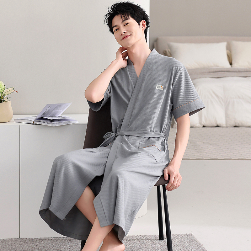 Lycra Cotton Cool Nightgown Men's Summer Pure Cotton Short-Sleeved Mid-Length Men's Bathrobe One-Piece Summer Thin Bathrobe