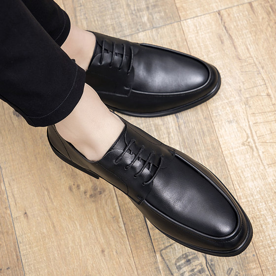 Spring genuine leather business leather shoes lace-up men's Korean style British casual soft leather black youth formal height increasing men's shoes