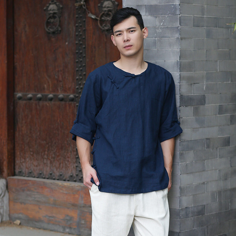 Chinese style retro pure linen slanted button top simple casual men's middle sleeve ethnic style T-shirt Tang suit