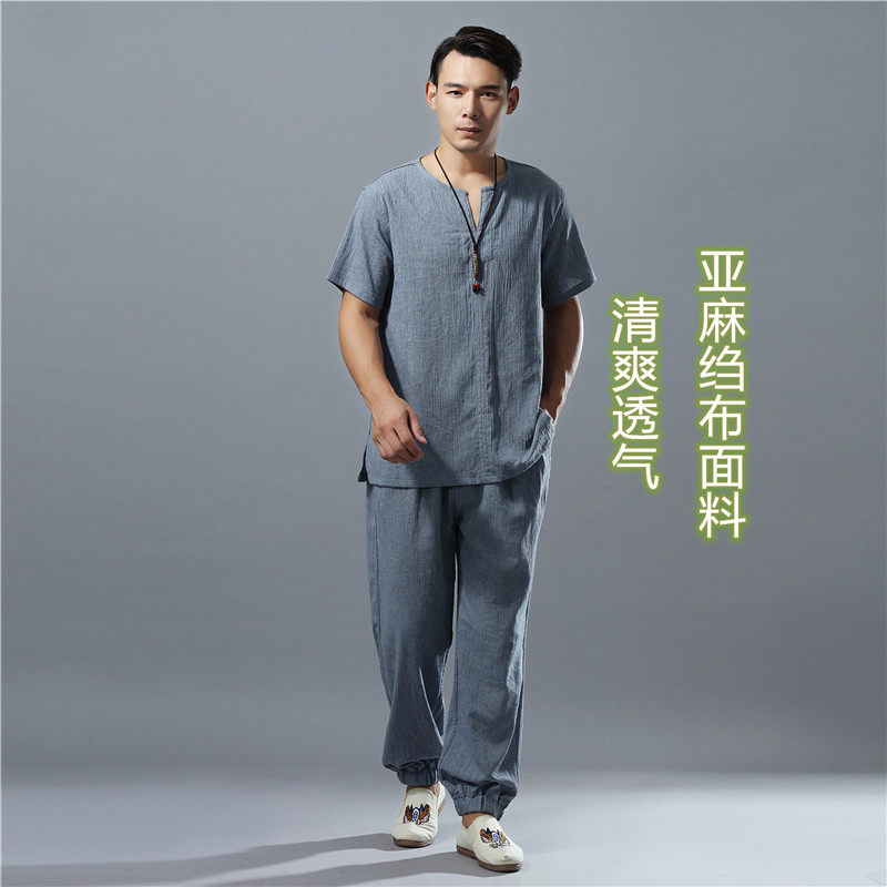 Summer new linen crepe two-piece set Chinese style retro casual cotton and linen sports breathable cool cotton and linen suit