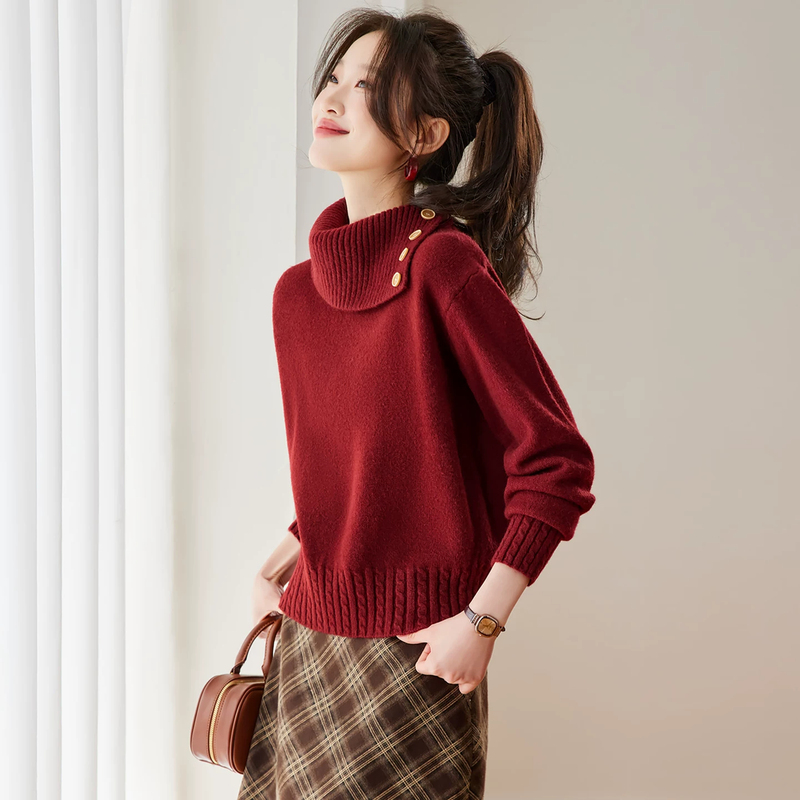 Winter Red Turtleneck Sweater for Women 2026 New Style Big Collar Knitwear High-End Base Layer Top