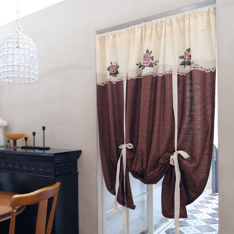 Vintage Plaid Tie-Back Curtain~ Rose Floral British Plaid Half Curtain Door Curtain American Style No-Drill Decorative Pull-Up Curtain