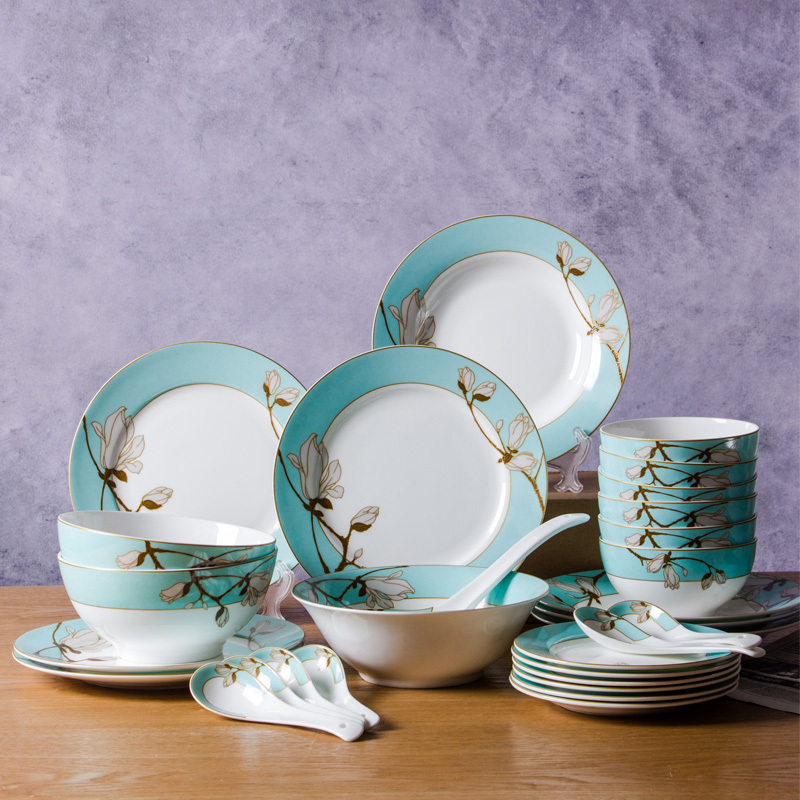 Foreign Trade Export Bone China Tableware Set, Housewarming and Wedding Gift Box Set, Home Dinnerware Set in Tiffany Blue