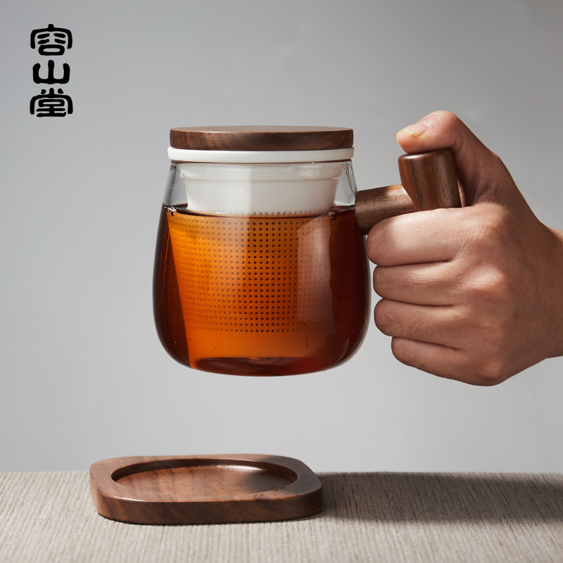 RongShan hall make tea tea glass ceramic separation tank filter with cover keller cup office wood handle