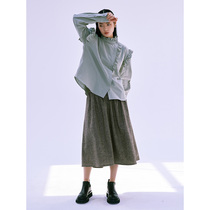 evewang heavy industry wooden ear long sleeve shirt original design solid color Bud stand neck slant top