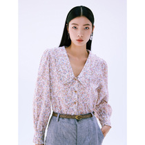 Yiwei Cherry Blossom full garden seersucker flower long sleeve shirt female self-crease straight print doll collar shirt