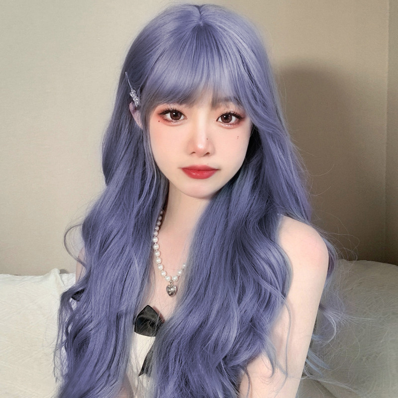 Wig female long hair haze blue long curly hair big wave air bangs wig set fluffy natural full headgear