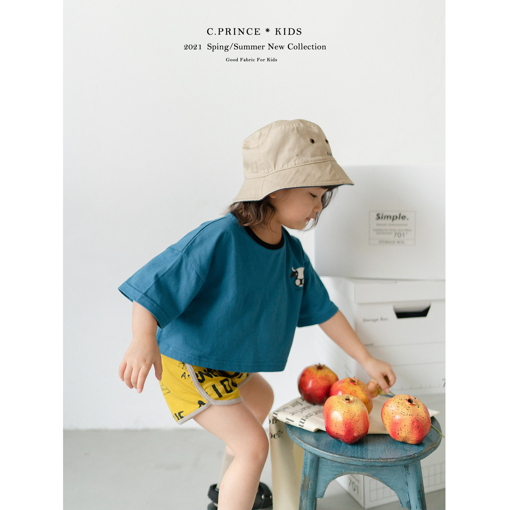 C PRINCE) Retro sports style resurgence Pima cotton short-sleeved T cotton printed shorts girls