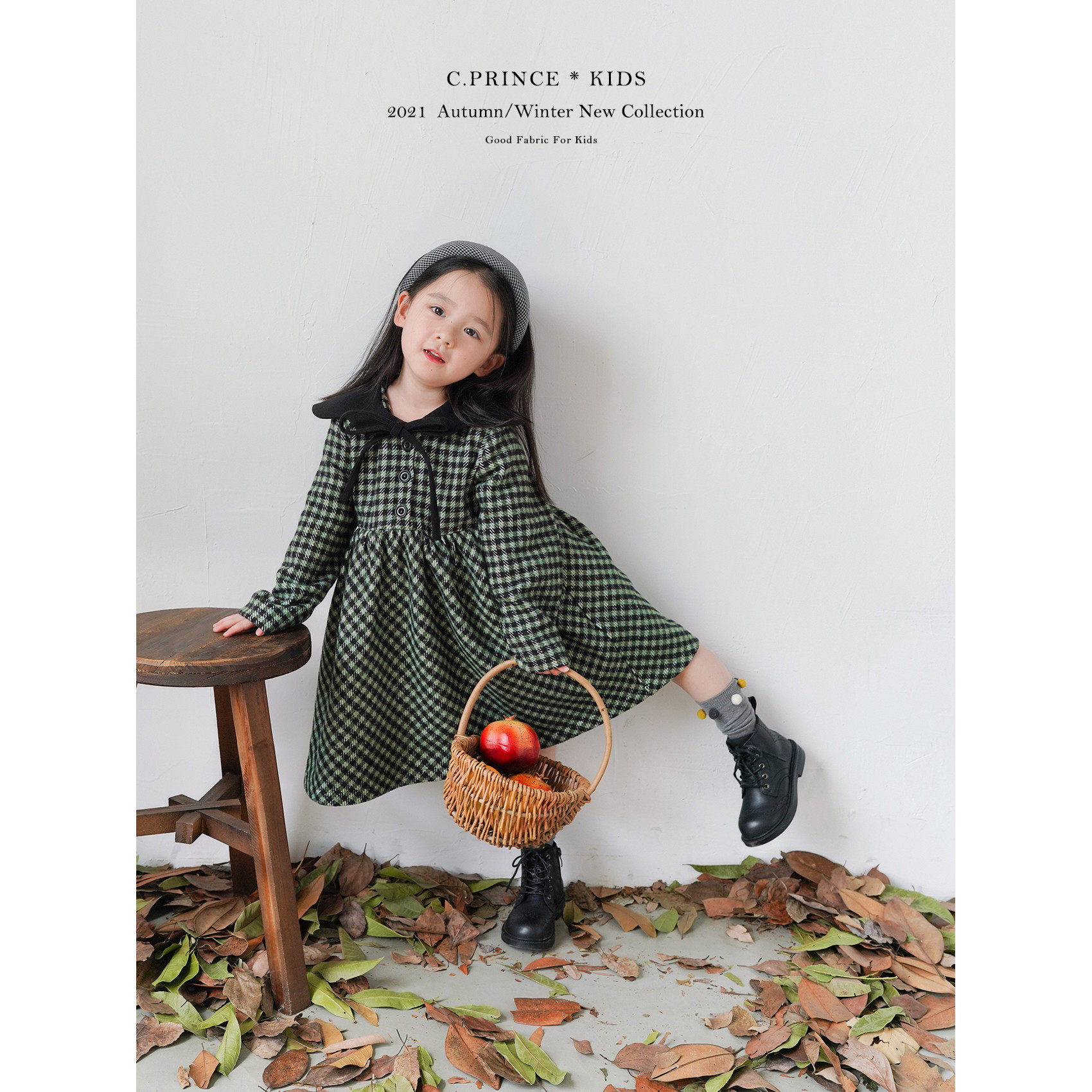 The CPRINCE) 21AW Black Green Grid Academy Wind Flowers to turn the gill, the girl's baby girl baby girl
