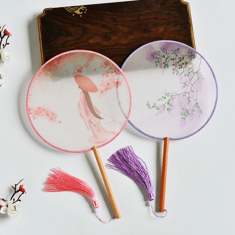 China Wind Classical Long Handle Group Fan Qipao Han Fu Walk Show Dance Palace Fan Retro Fan Round Printed Bifacial