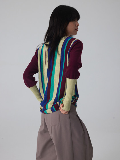 597c原创2024早春新款上衣修身大领口宽松针织条纹休闲毛衣高级感