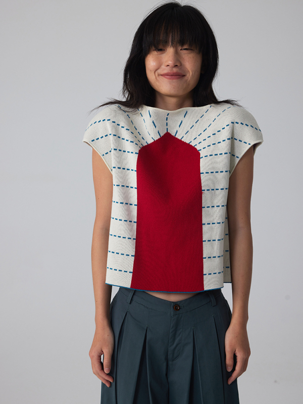 597C Original Knitted Vest Spring Basic Practical Versatile Top Red Sweater Color-Blocking Pattern Vest Layering