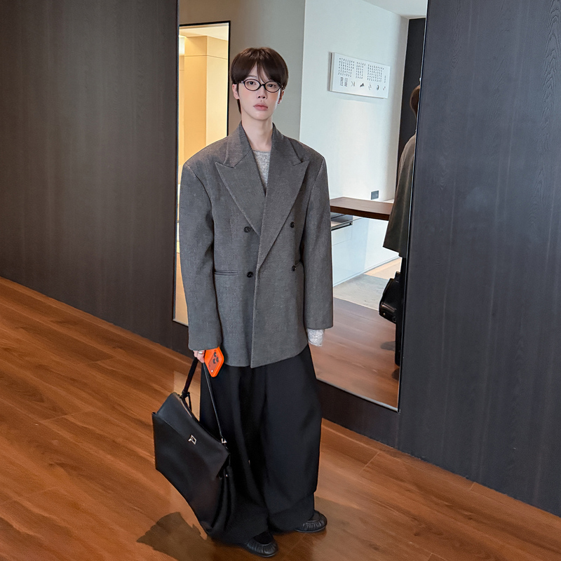 Gao Linfan Korean-Style Double-Breasted Suit Jacket for Men, Autumn and Winter, Structured Lapel, Loose Fit, Trendy