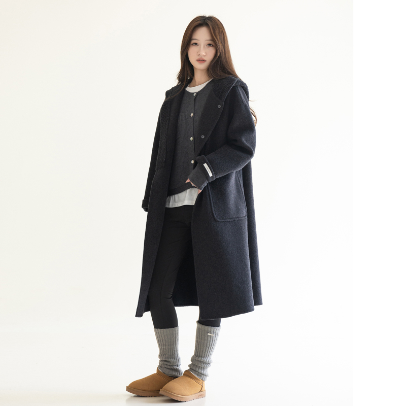 2026 Autumn and Winter Mid-Length Hooded College Style Casual Loose Woolen Coat Thickened Double-Sided Woolen Overcoat