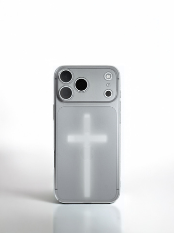 POSTCASE Clear With Luminous White Cross Graphic And Smoky Gray Perimeter – Pro/Plus/Max/Air – 17, 16, 15, 14, 13, 12 iPhone