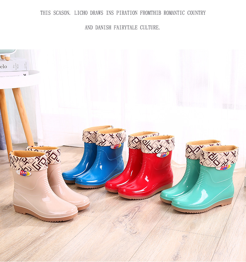 Autumn and winter warm rain boots women's non-slip plus velvet women's water shoes mid-tube rubber shoes women's water boots overshoes removable cotton cover