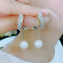 Back and forth PEARL EARRINGS 2021 New wave Korean temperament net red 100 lap full drill ear nail pendant silver needle earring