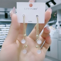 Liyin 2020 new trendy long cats eye stone tassel earrings female temperament net red sterling silver needle earrings modify face shape