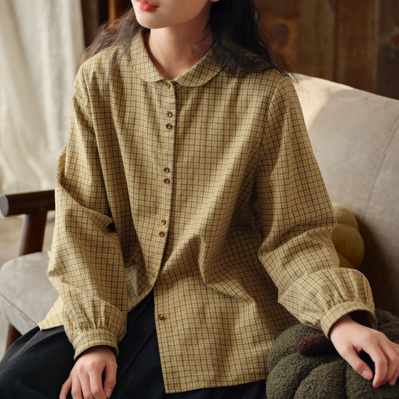Original Design by Bianse: Pure Cotton Brushed Texture Small Lapel Yellow Plaid Shirt for Women, Autumn Long-Sleeve Loose Shirt