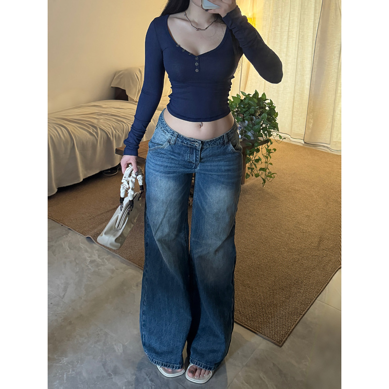 Fblin1 American Retro Low-Waist Straight-Leg Jeans for Women, Washed, Loose, Slimming, Versatile, Trendy Floor-Length Pants