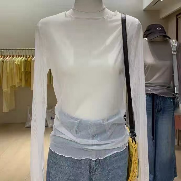Spring and Summer White Ruffled Round Neck Mesh Base Shirt for Women, Can Be Worn as an Inner Layer or Outerwear, Sheer T-Shirt, Thin and Sexy Top Spring and Summer White Ruffled Round Neck Mesh Base Shirt for Women, Can Be Worn as an Inner Layer or Outerwear, Sheer T-Shirt, Thin and Sexy Top