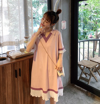 Pregnant women cotton loose slim dress hipster stitching V-neck retro style pleated lapel skirt