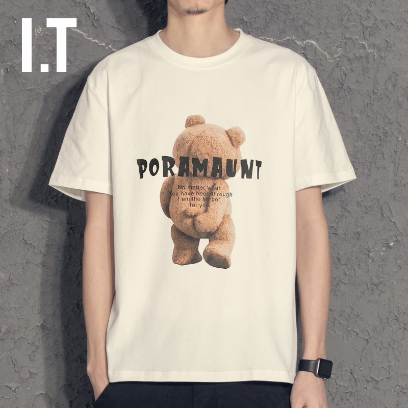 Hong Kong Tide Cartoon Bear Handsome Boys Short Sleeves Harbor Couple T-shirt New Summer Shirt