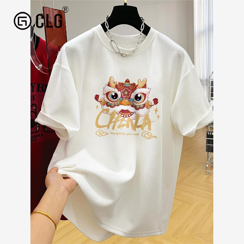 Hong Kong Clg Trendy Brand National Style Lion Dance Double Yarn Pure Cotton Short-Sleeve T-Shirt 260g Heavyweight Couple Outfit Base Shirt Top for Men Hong Kong Clg Trendy Brand National Style Lion Dance Double Yarn Pure Cotton Short-Sleeve T-Shirt 260g Heavyweight Couple Outfit Base Shirt Top for Men