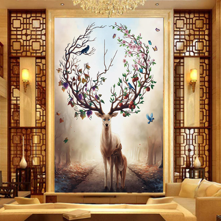 Mona Lisa cross stitch rich deer mother and son love new living room vertical version porch large landscape painting full of embroidery thread