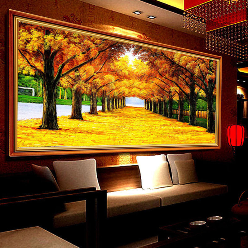 Mona Lisa printed cross embroidered gold full view picture of the new living room with great scenic view