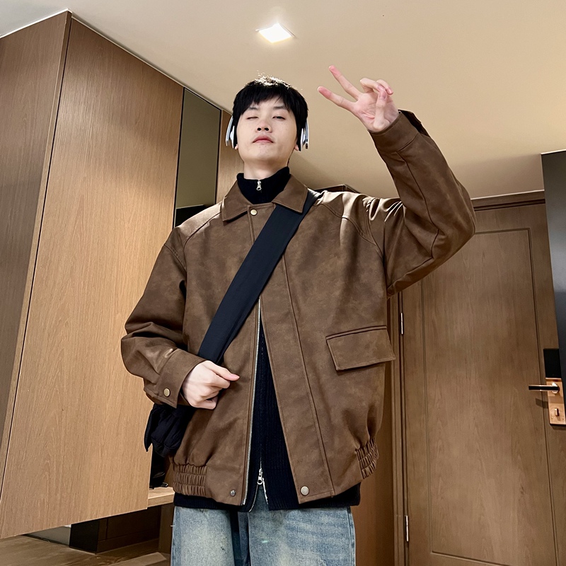 Retro Pu Leather Jacket for Male Students with a High-End Feel, Versatile Lapel Coat for Spring and Autumn, Trendy and Stylish